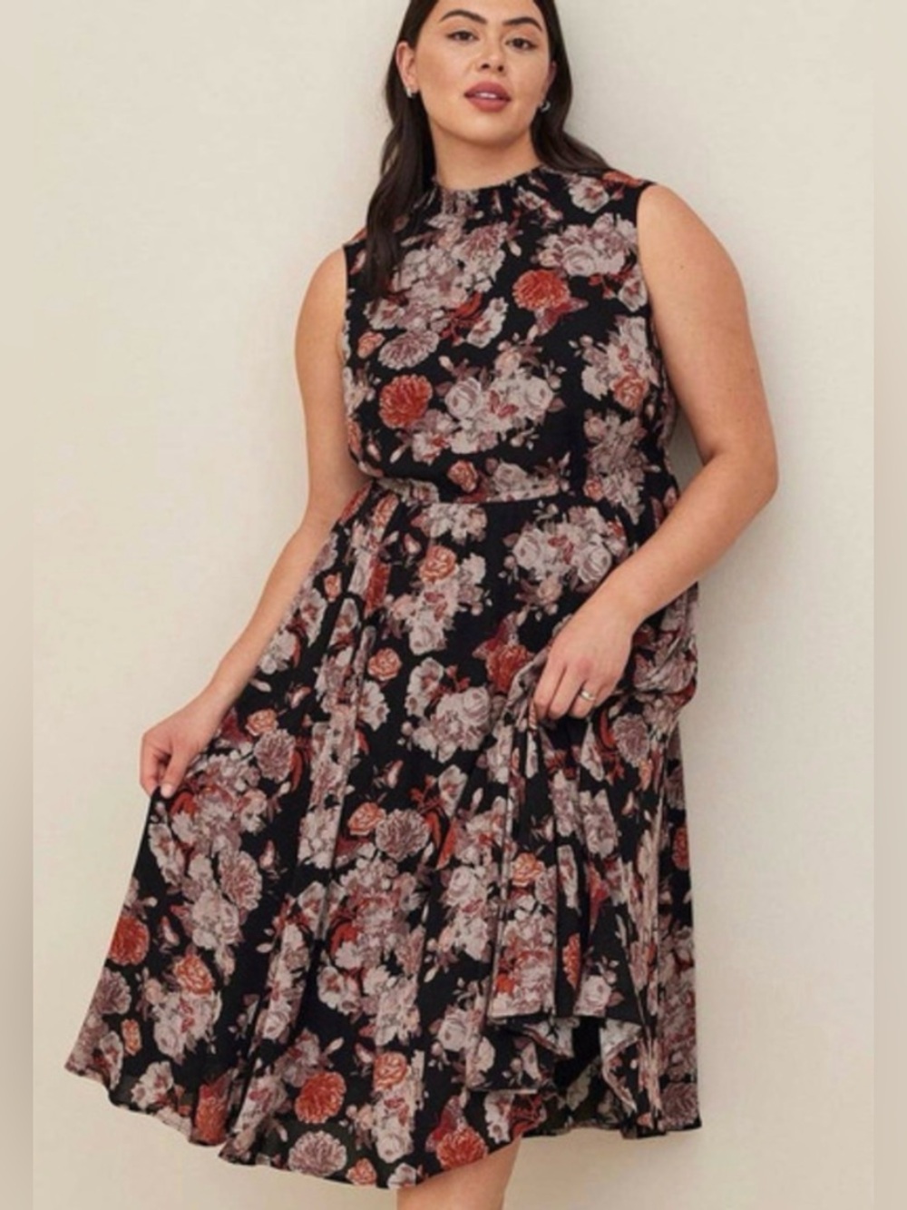 Torrid Black Floral Mock Neck Sleeveless Midi Dress Size 1 1X boho fall romantic